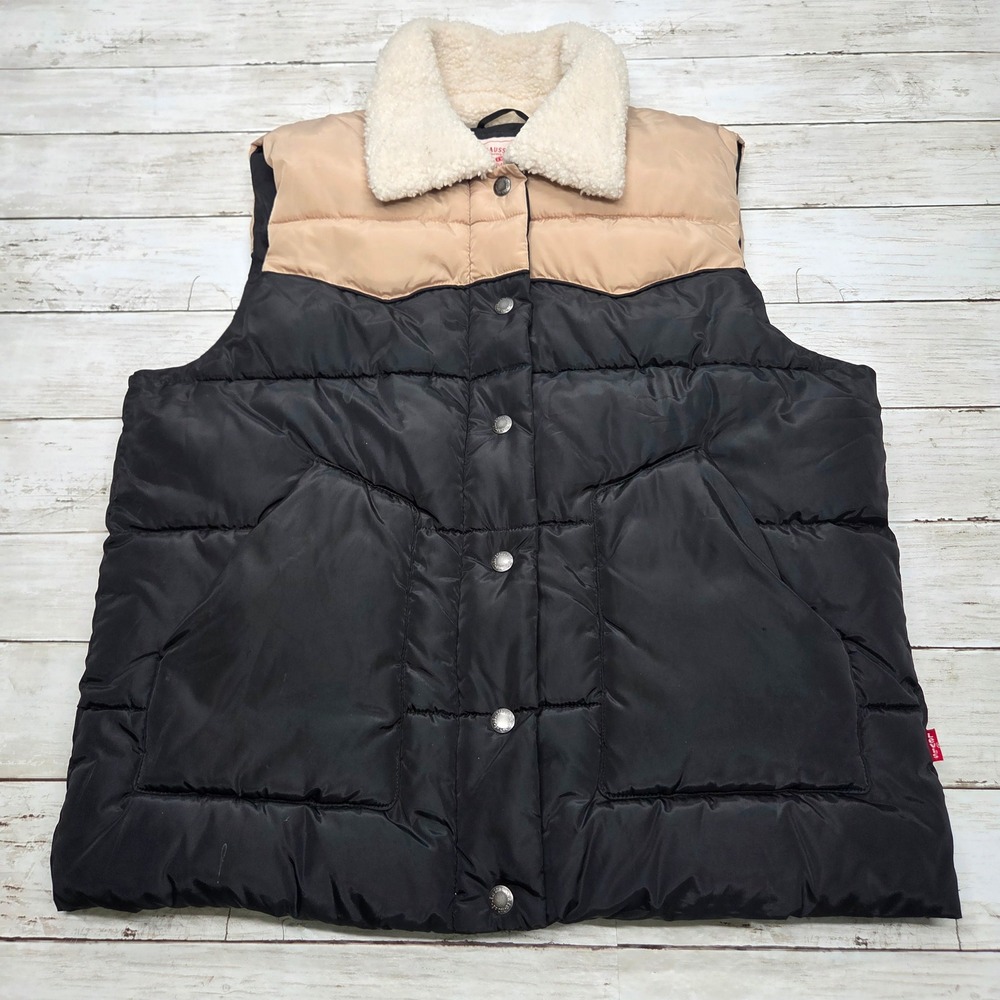 Levi Strauss Puffer Vest Western Sherpa Collar Mens Small Black Tan Colorblock